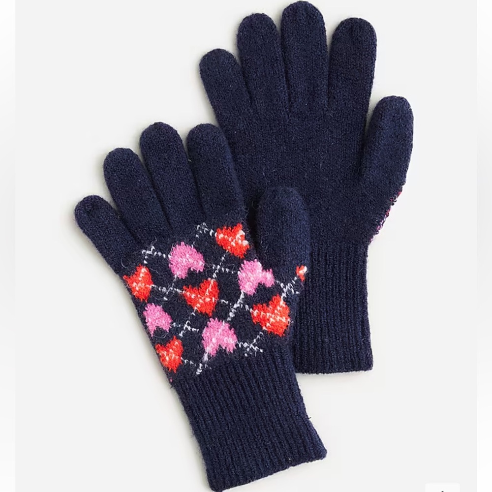 NWT Crewcuts Girls' Navy Heart Argyle Gloves in Supersoft Yarn, size L